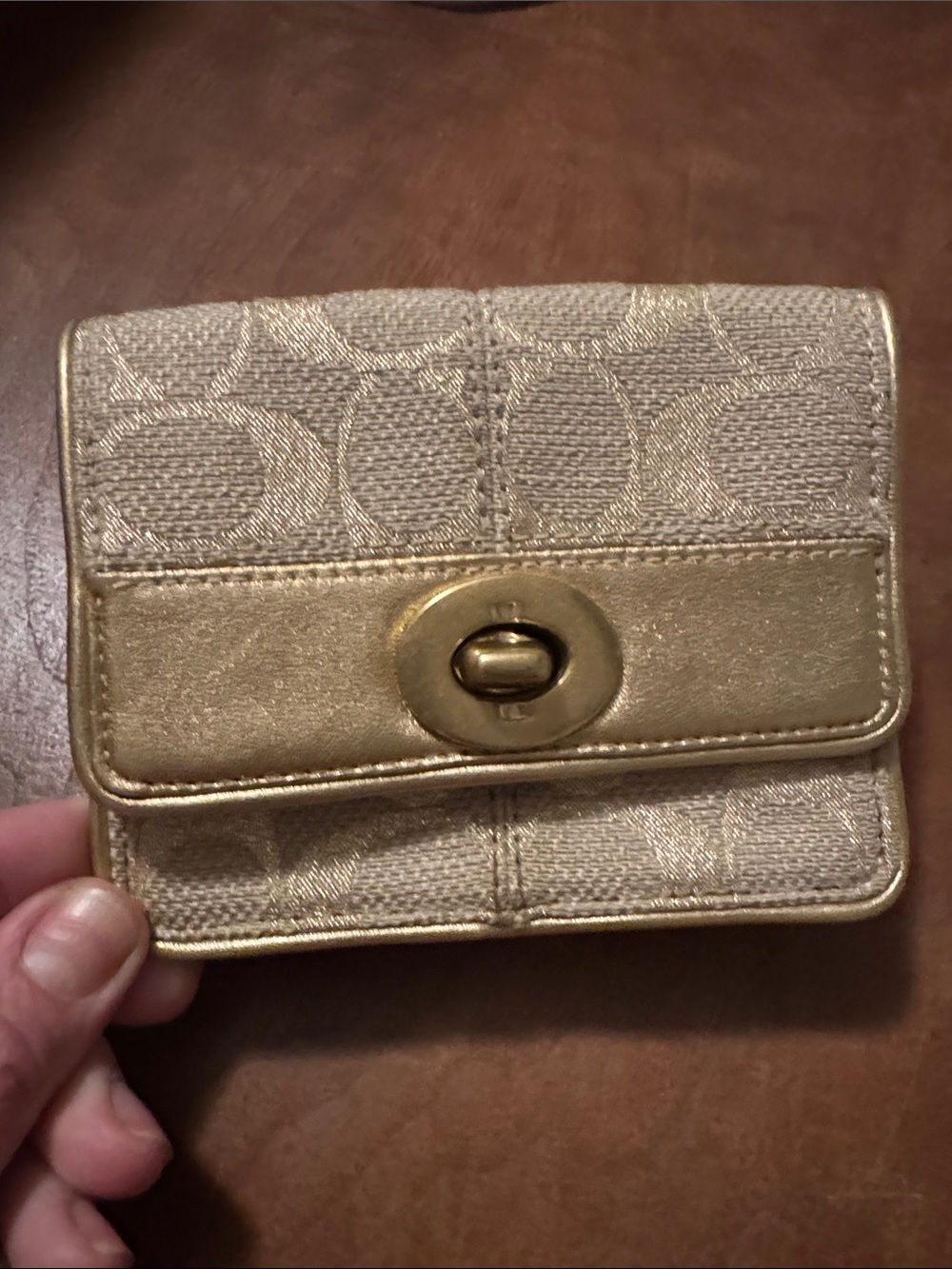 Coach Metallic Gold Signature Turn-Lock Compact Wallet